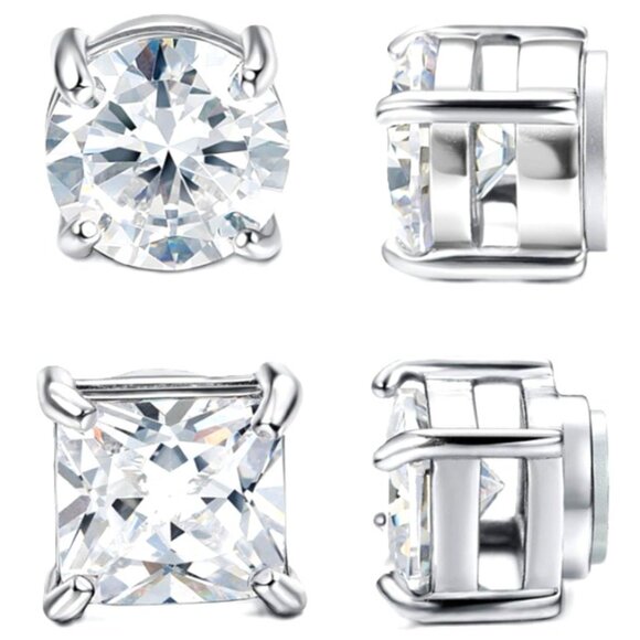 2 Pair 6MM - 4 Prong Stainless Steel & CZ Magnetic Non-Piercing Stud Earrings - Picture 1 of 3